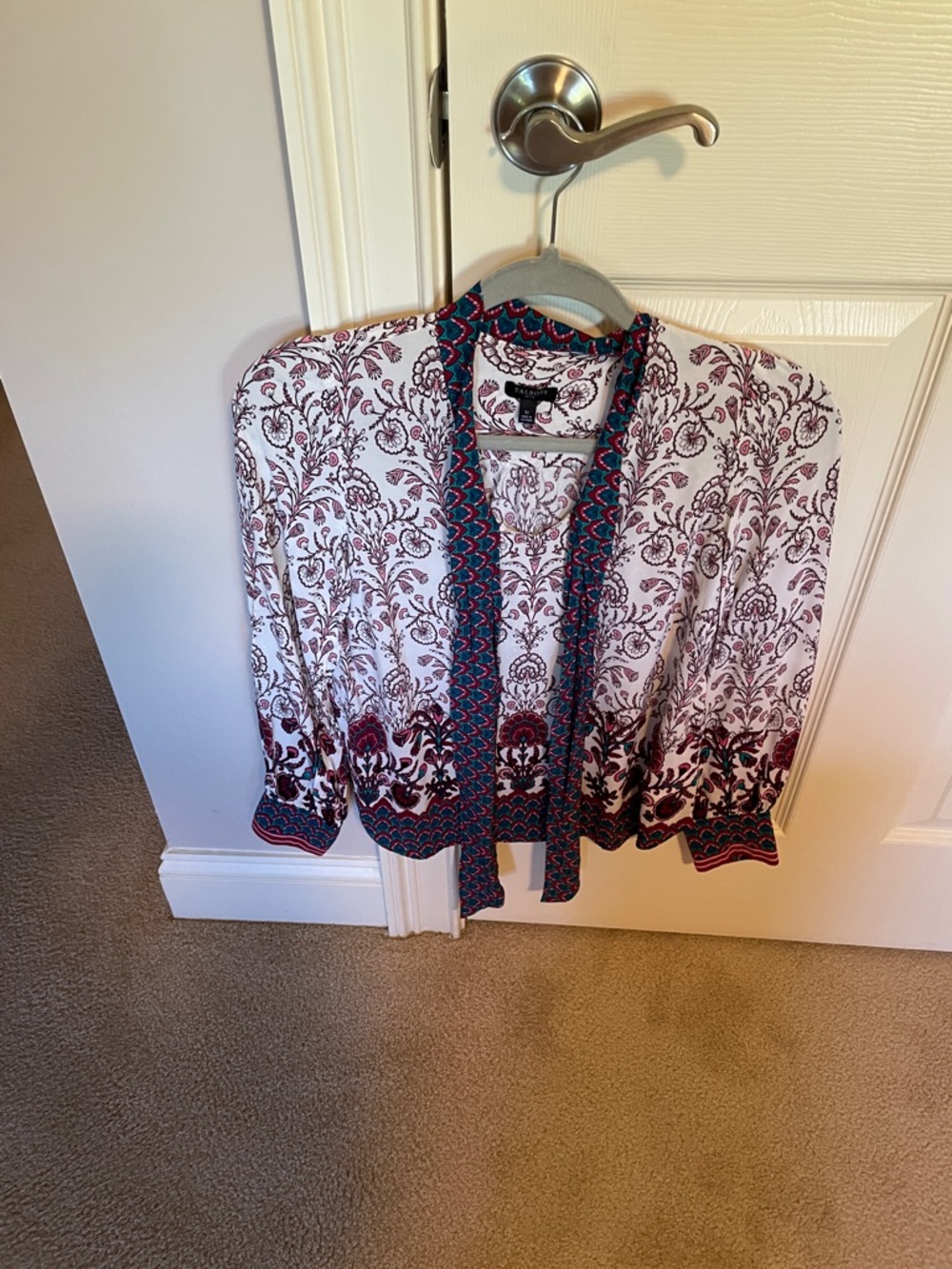 Talbots white burgundy and blue tie blouse